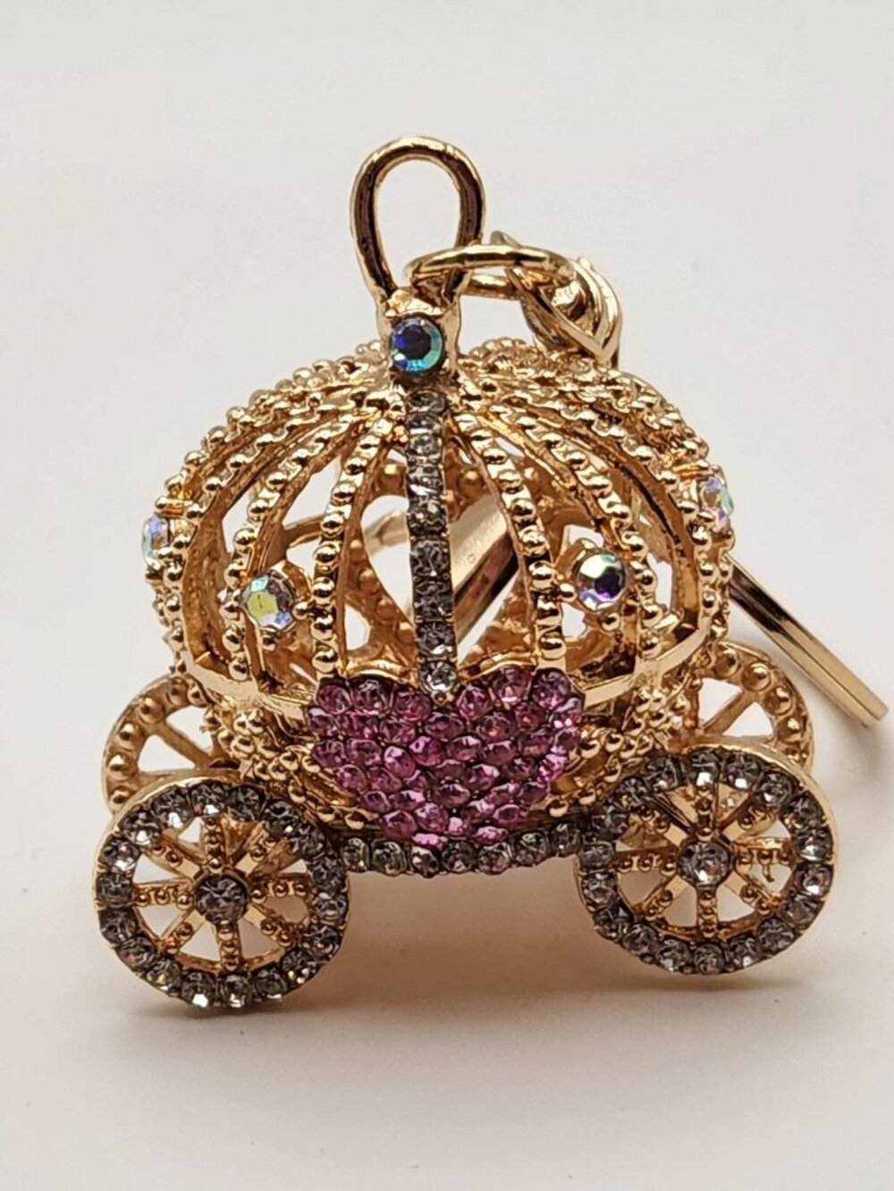 Princess carriage keychain 3D pink white faux crystal gold tone NIP